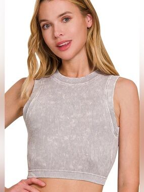 NWT Zenana Padded Ribbed Acid Washed Muscle Crop Top Size L/XL